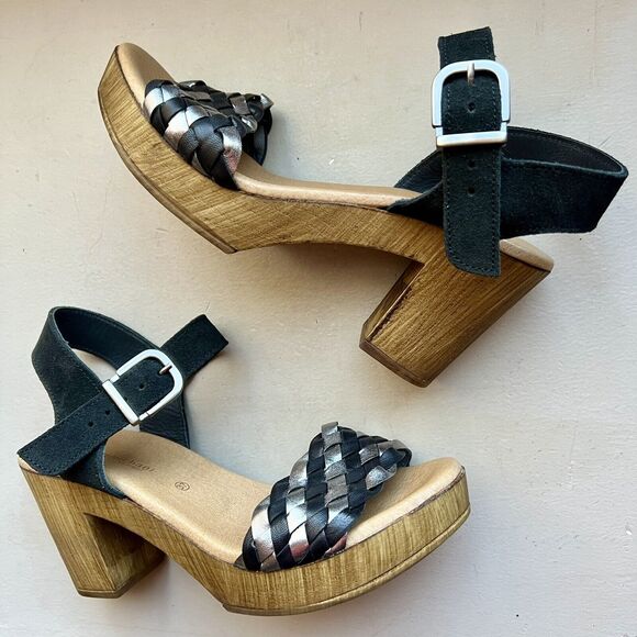 Eric Michael Rachel Black & Metallic Silver Sandals & Faux Wood Size EU 37 US 7 - Picture 1 of 16